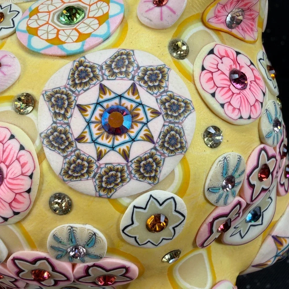 Billie Beads 2003 Handcrafted Piggy Bank Yellow Floral Millefiori Rhinestone 7in